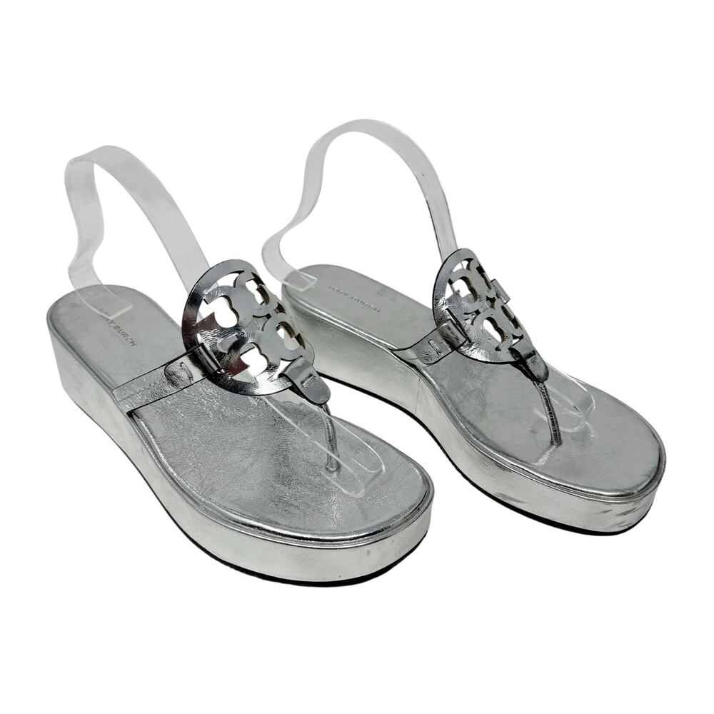 Tory Burch Miller Silver Metallic Leather Platform Wedge Sandals Logo Thong 9